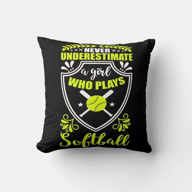 Never Underestimate A Girl Who Plays Softball Neon Throw Pillow (Front)