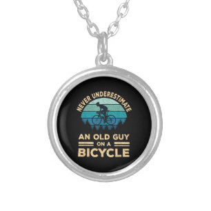 Never Underestimate An Old Guy On A Bicycle Funny Silver Plated Necklace