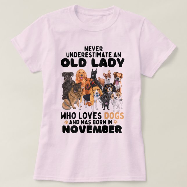 Never Underestimate An Old Lady Who Loves Dogs T-Shirt (Design Front)