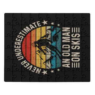 Never Underestimate An Old Man On Skis Retro Sunse Jigsaw Puzzle