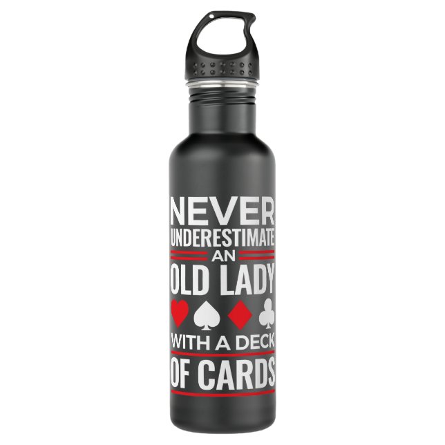 Never Underestimate Old Lady Deck of Card Bridge Stainless Steel Water Bottle (Front)