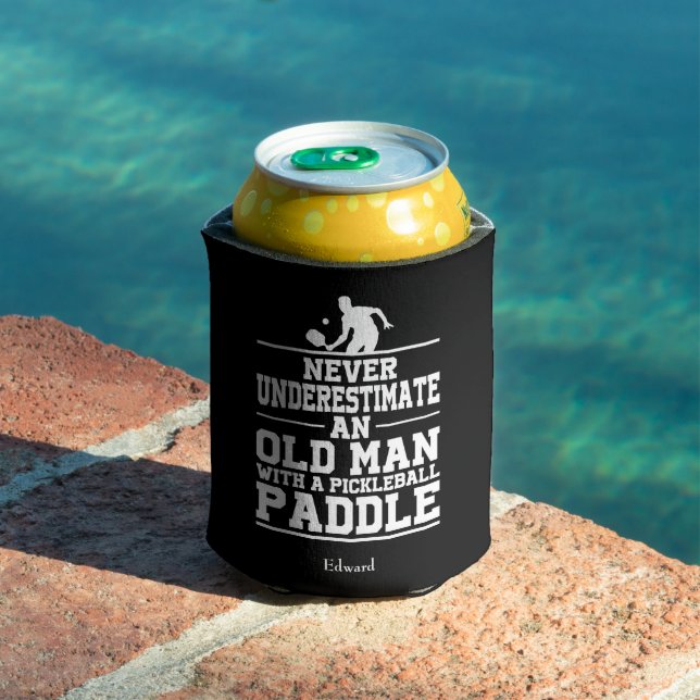 Never Underestimate Old Man Funny Black Pickleball Can Cooler (In Situ Pool)