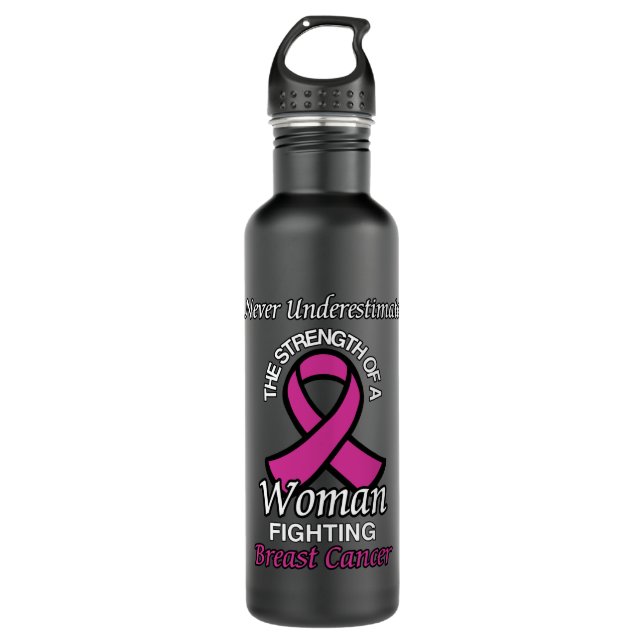 Never Underestimate/Ribbon/Woman...Breast Cancer Stainless Steel Water Bottle (Front)