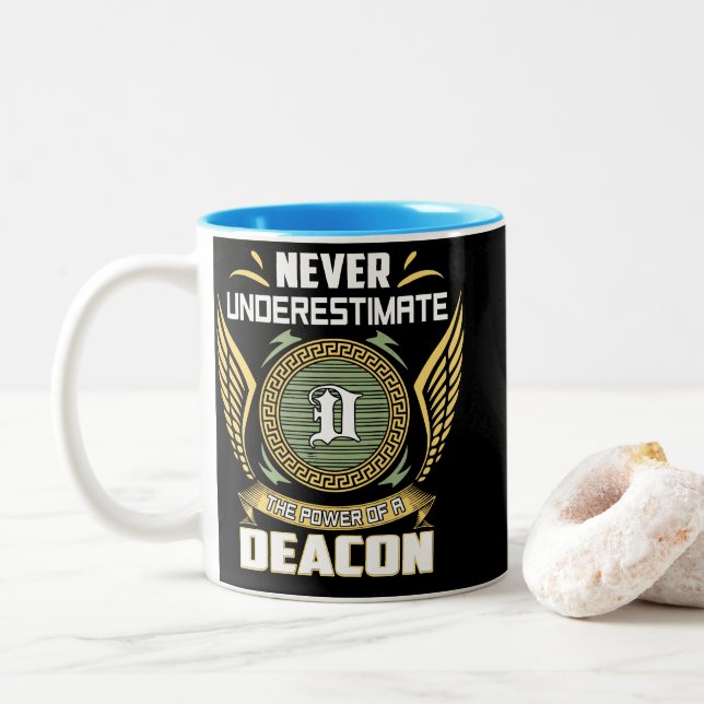 Never Underestimate The Power Of A Deacon Two-Tone Coffee Mug (With Donut)
