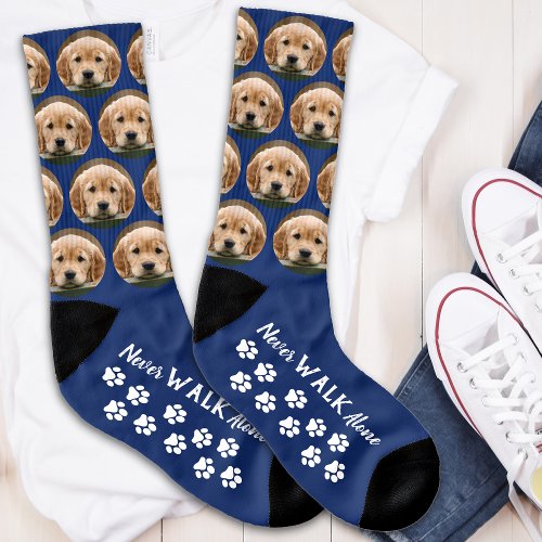 Never Walk Alone Paw Print Blue Pet Photo Dog Socks