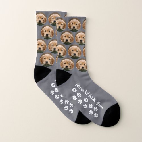 Never Walk Alone Paw Prints Gray Pet Photo Dog Socks