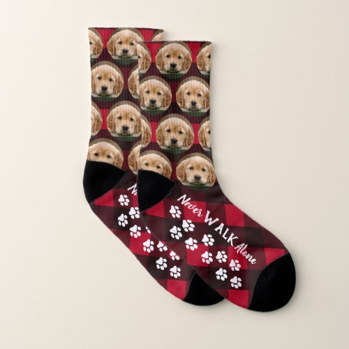 Never Walk Alone Red Plaid Paw Print Pet Dog Photo Socks