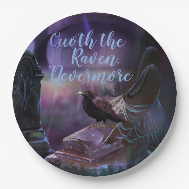 Nevermore, Raven Cemetery Creepy Halloween Paper Plates (Front)