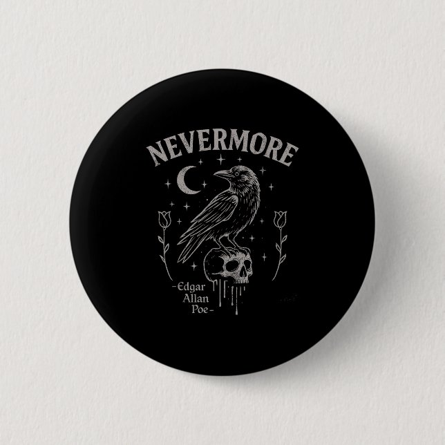 Nevermore Raven Skull Art, Gothic Edgar Allan Poe  Button (Front)