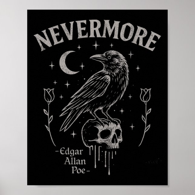 Nevermore Raven Skull Art, Gothic Edgar Allan Poe  Poster (Front)