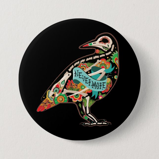 Nevermore Sugar Skull Raven Button (Front)