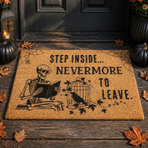Nevermore To Leave Raven Skeleton Halloween Gothic Fiber Doormat
