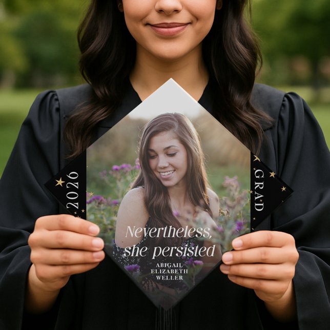 Nevertheless She Persisited Grad Cap Tassel Topper (Graduation cap topper shown with female graduate holding the cap so the top is visible)