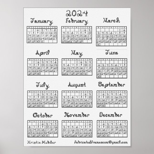 New 2024 Calendar Fabric Font Printable or  Poster (Front)