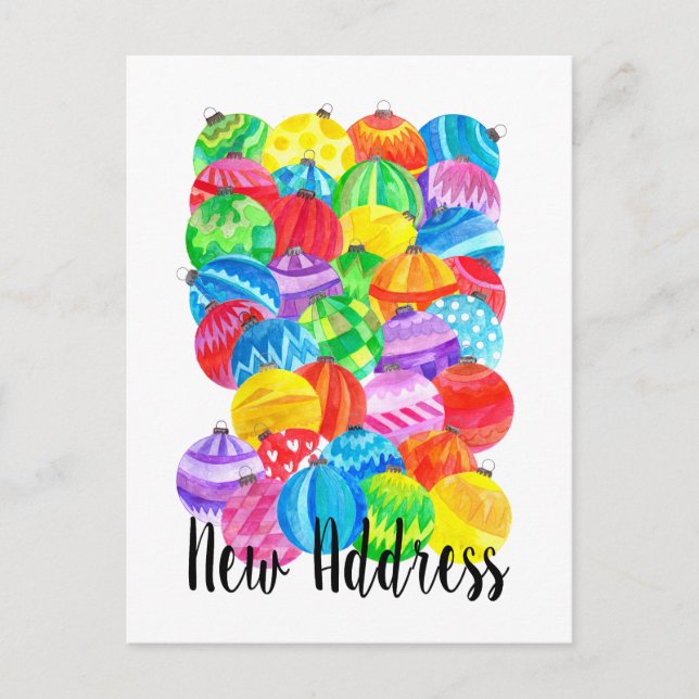New Address Announcement , watercolor baubles Postcard (Front)