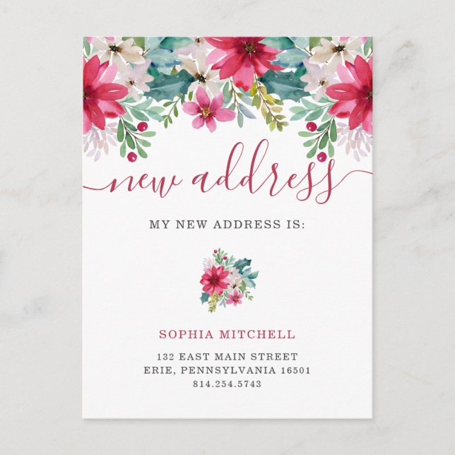 New Address at Christmas | Pretty Flowers Announcement Postcard (Front)
