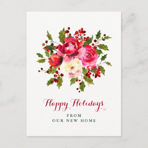 New Address at Christmas  Red and Green Flowers Holiday Postcard
