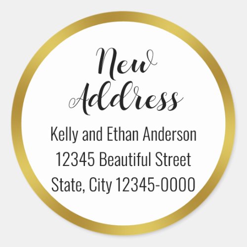 New Address Black Script White Gold Announcement Classic Round Sticker