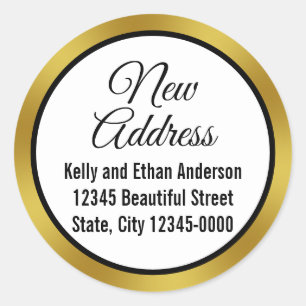 New Address Black White Gold Elegant Script Moving Classic Round Sticker
