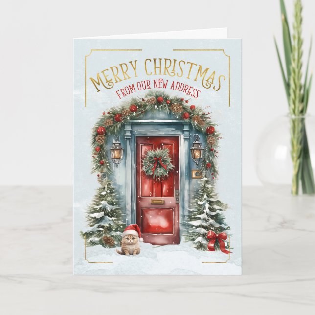 New Address Blue and Red Front Door Christmas Holiday Card (Front)