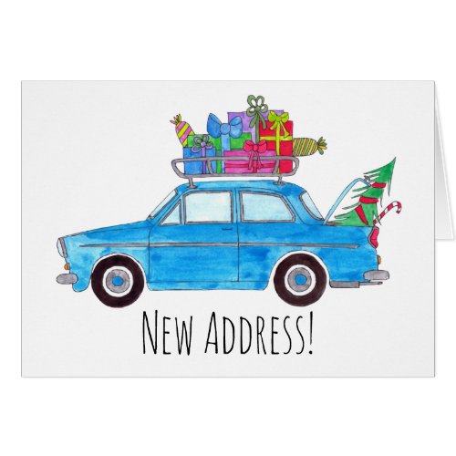 New Address Blue Car with Christmas Gifts