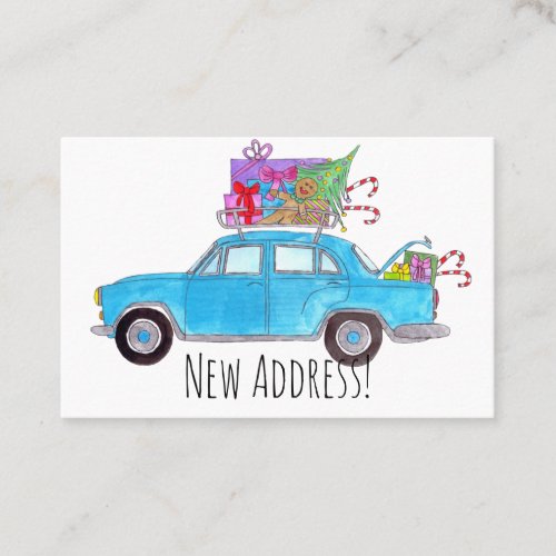 New Address blue Car with Christmas Gifts Business Card