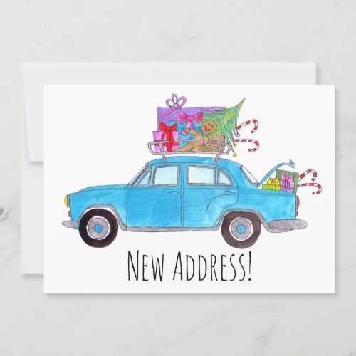 New Address Blue Car with Christmas Gifts Invitation