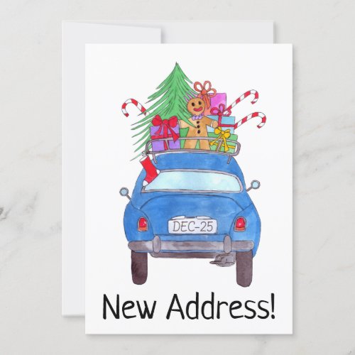 New Address Blue Car with Christmas Gifts Invitation