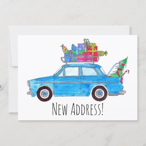 New Address Blue Car with Christmas Gifts Invitation