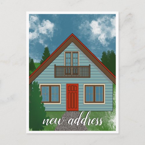 New Address  Blue Country House Red Door Drawing Announcement Postcard
