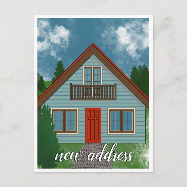 New Address | Blue Country House Red Door Drawing Announcement Postcard (Front)