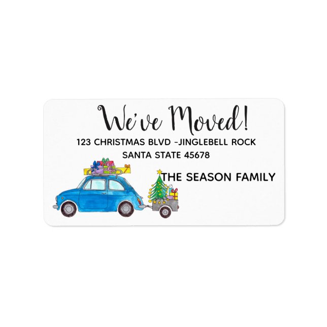 New Address Blue Fiat 500 with Christmas Gifts Label (Front)