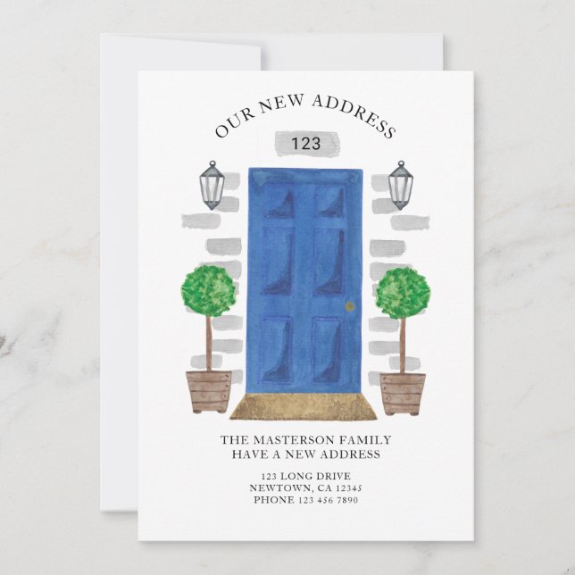 New Address Blue Watercolor Door  Announcement (Front)