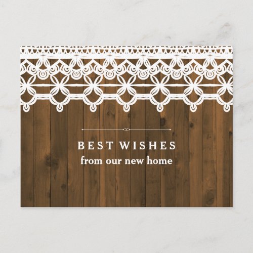 New Address Brown Rustic Wood with White Lace Announcement Postcard