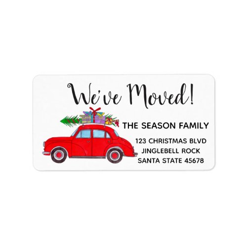 New Address Car with Christmas tree Watercolor Label