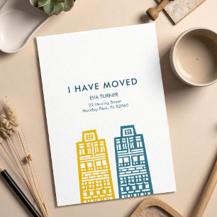 New Address card with yellow and blue city
