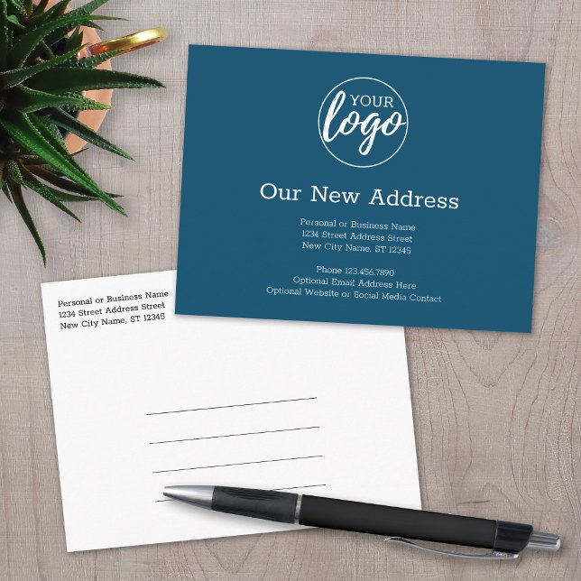New Address Change with Business Logo Blue Announcement Postcard (Creator Uploaded)