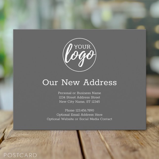 New Address Change with Business Logo Gray Announcement Postcard (Custom New Address Postcard for a Business that is moving)