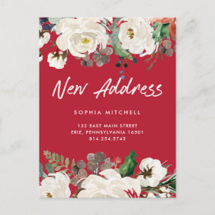 New Address   Christmas Festive Red Floral Moving Announcement Postcard