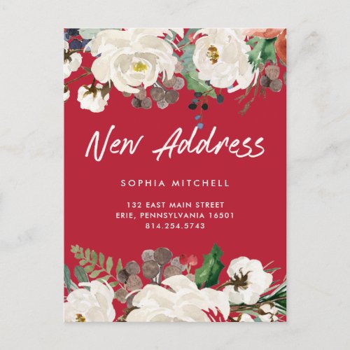 New Address  Christmas Festive Red Floral Moving Announcement Postcard