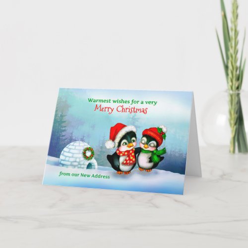 New Address Christmas Postcard Penguins  Igloo Holiday Card