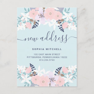 New Address   Cute Blue Pastel Floral Moving Announcement Postcard