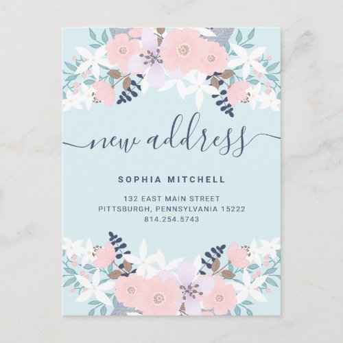 New Address  Cute Blue Pastel Floral Moving Announcement Postcard