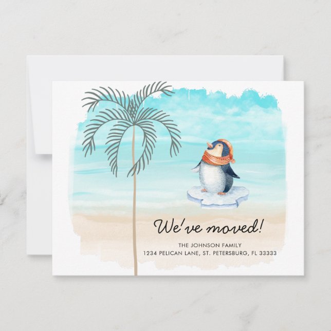 New Address Cute Penguin Florida Beach Fun Moving  Announcement (Front)