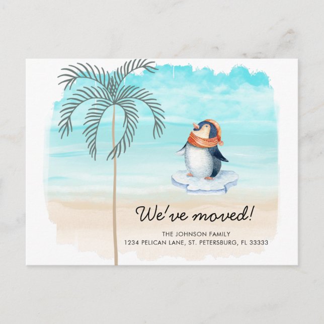 New Address Cute Penguin Florida Beach Moving  Announcement Postcard (Front)