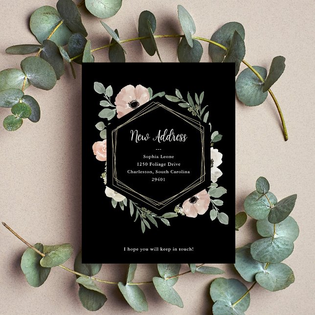 New Address | Dusty Peach Flowers on Black Postcard (Creator Uploaded)