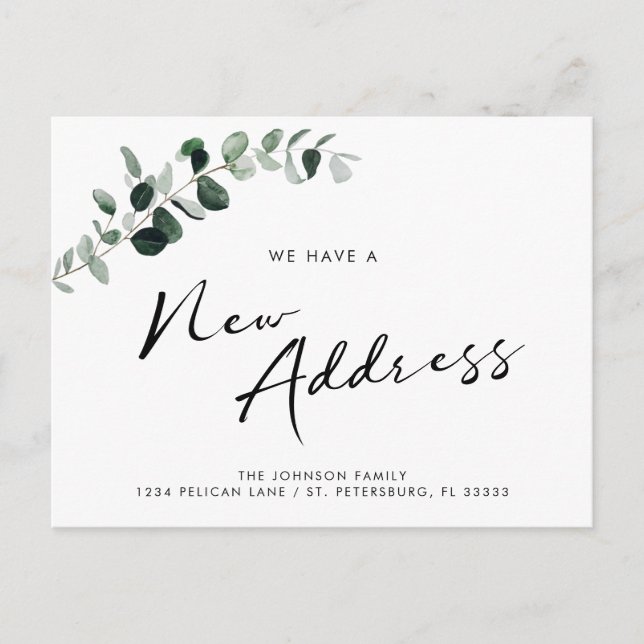 New Address Eucalyptus Chic Calligraphy Moving Announcement Postcard (Front)