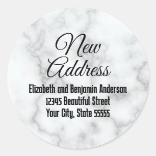 New Address Faux White Marble Moving Announcement Classic Round Sticker