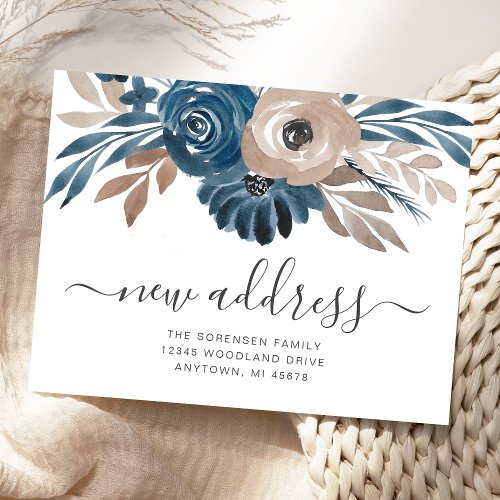 New Address Floral Blue Brown Moving Announcement Postcard