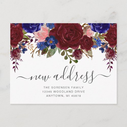 New Address Floral Burgundy Navy Pink Moving Postcard